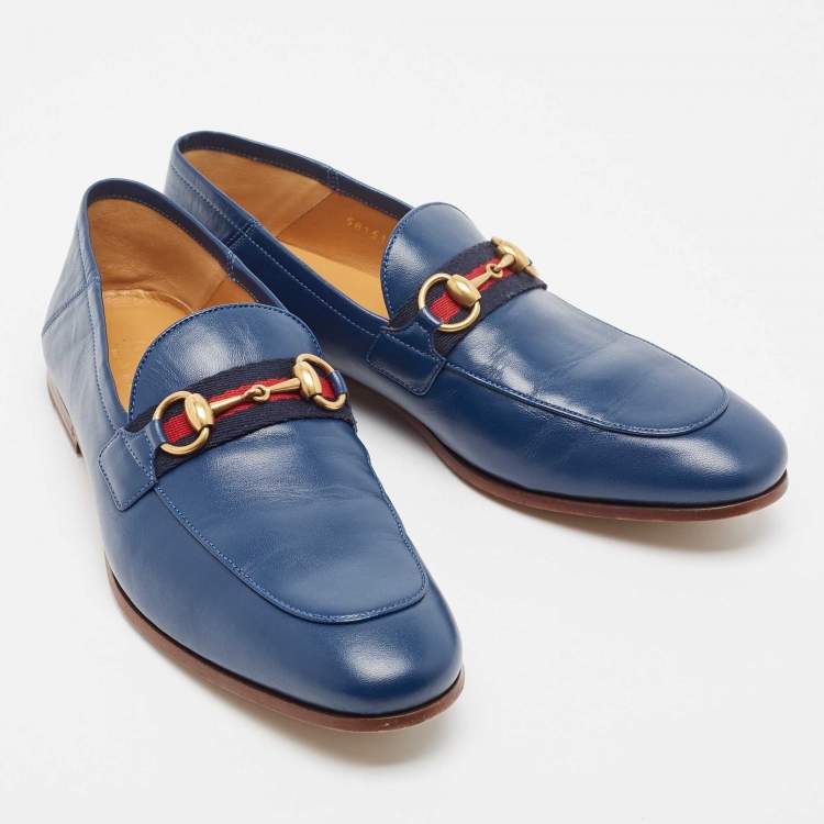 Pre Owned Gucci Blue Leather Web Horsebit Loafers Size 40