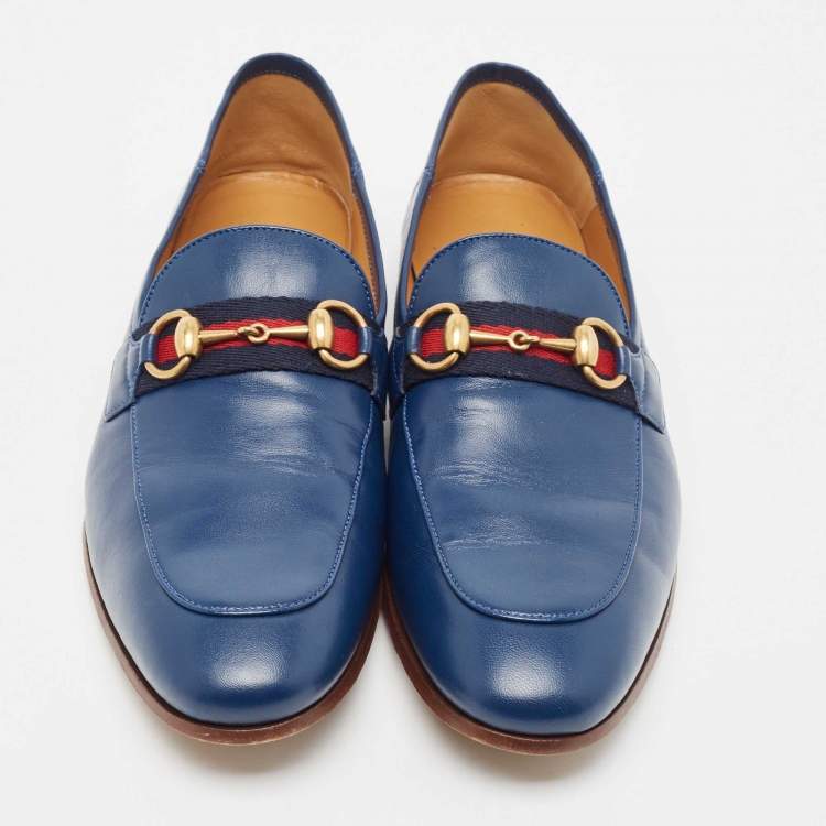 Pre Owned Gucci Blue Leather Web Horsebit Loafers Size 40