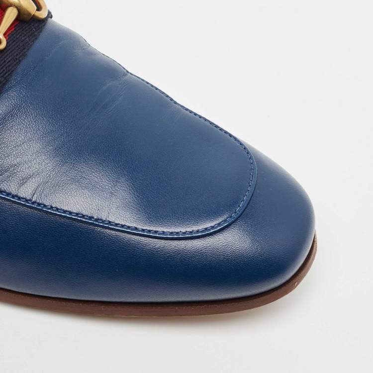 Pre Owned Gucci Blue Leather Web Horsebit Loafers Size 40