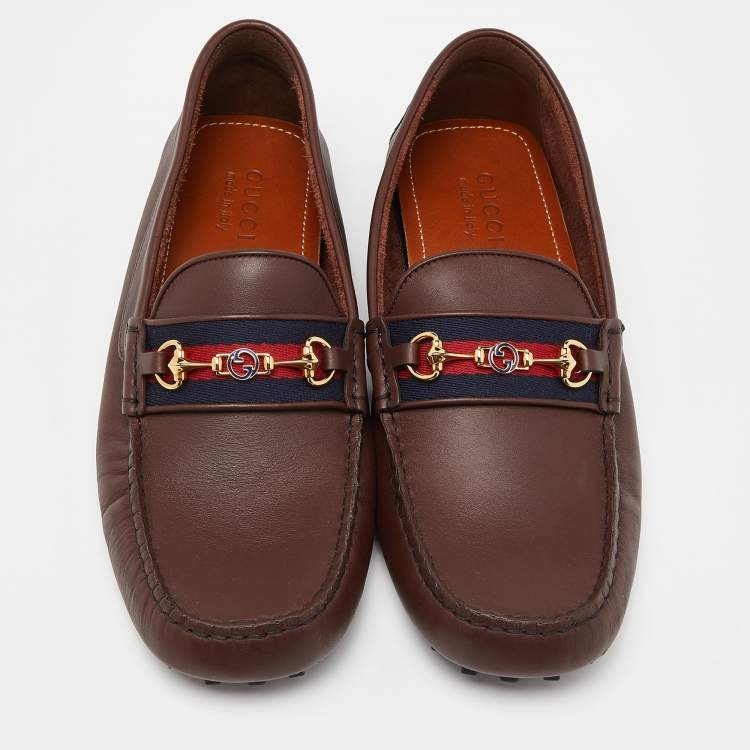 Pre Owned Gucci Brown Leather Web Horsebit Slip On Loafers Size 44