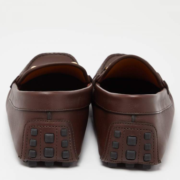 Pre Owned Gucci Brown Leather Web Horsebit Slip On Loafers Size 44