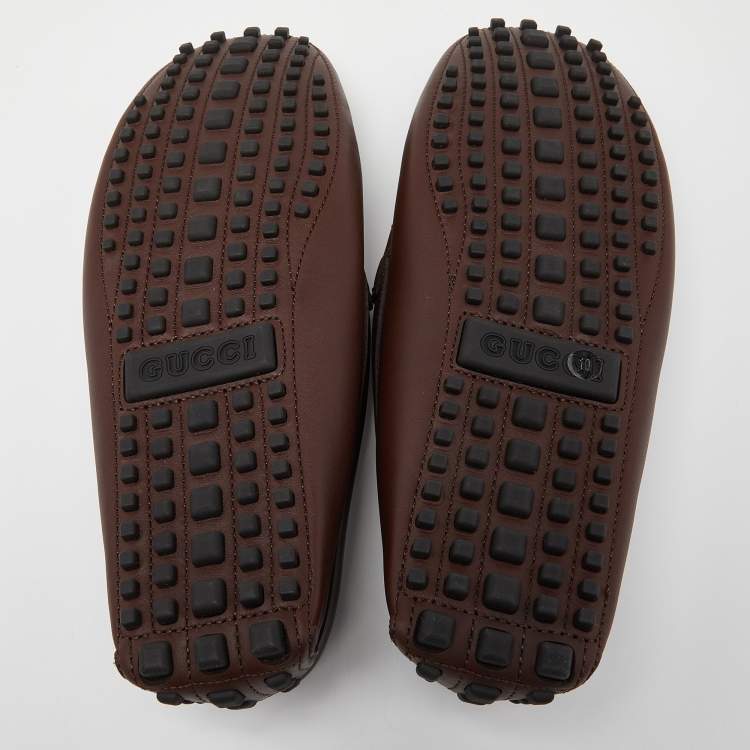 Pre Owned Gucci Brown Leather Web Horsebit Slip On Loafers Size 44