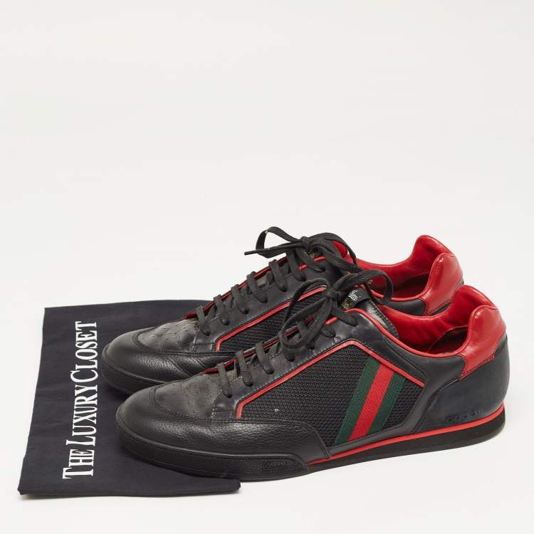 Pre Owned Gucci Black/Red Leather and Mesh Vintage Tennis Sneakers Size 43.5 