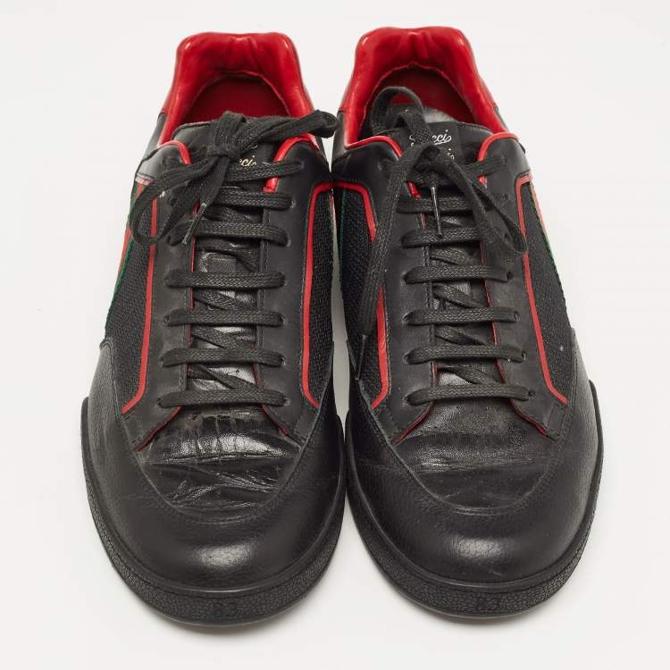 Pre Owned Gucci Black/Red Leather and Mesh Vintage Tennis Sneakers Size 43.5 