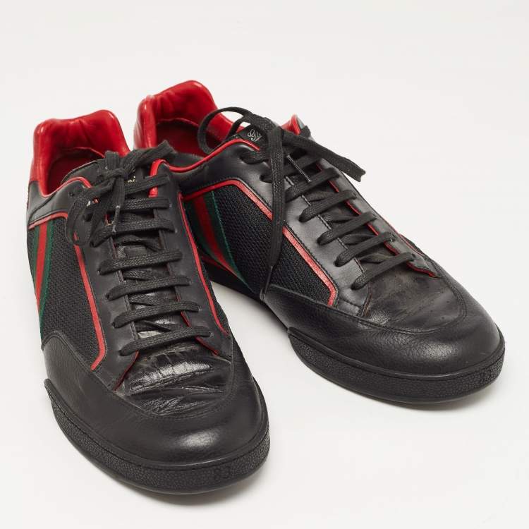 Pre Owned Gucci Black/Red Leather and Mesh Vintage Tennis Sneakers Size 43.5 