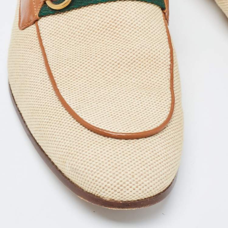 Pre Owned Gucci Beige/Brown Canvas and Leather Web Horsebit Loafers Size 41