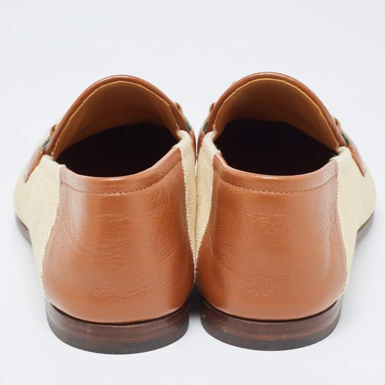 Pre Owned Gucci Beige/Brown Canvas and Leather Web Horsebit Loafers Size 41