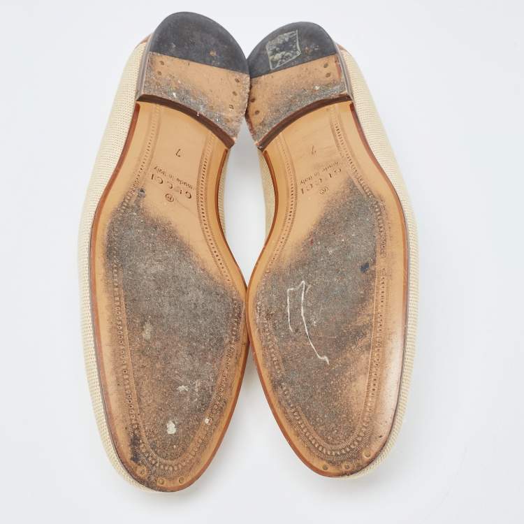 Pre Owned Gucci Beige/Brown Canvas and Leather Web Horsebit Loafers Size 41