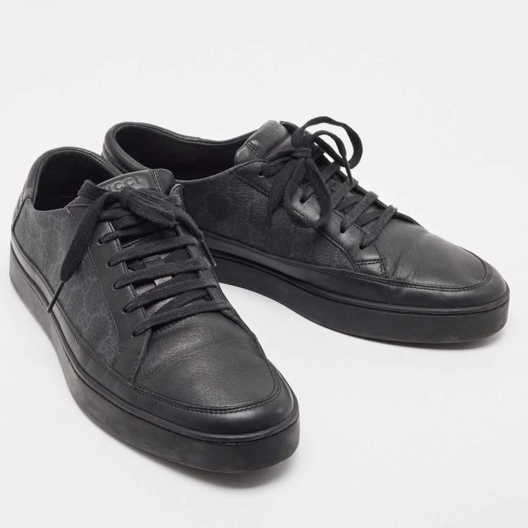 Pre Owned Gucci Black Leather and GG Supreme Canvas Low Top Sneakers Size 43