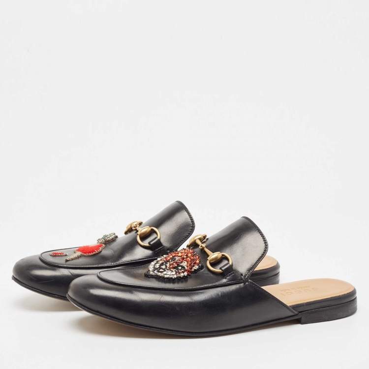 Pre Owned Gucci Black Leather Princetown Embellished Horsebit Flat Mules Size 41