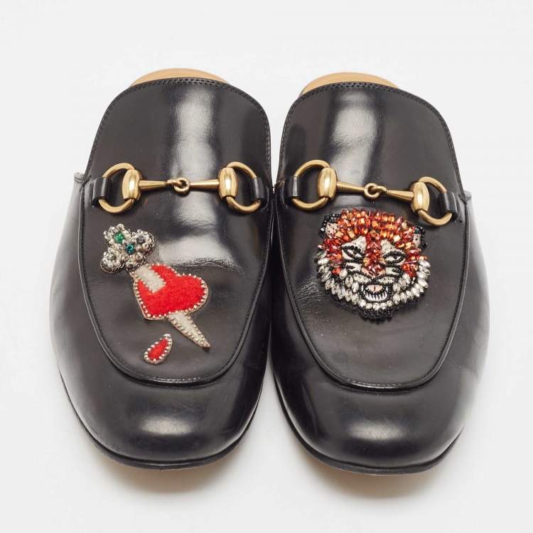Pre Owned Gucci Black Leather Princetown Embellished Horsebit Flat Mules Size 41