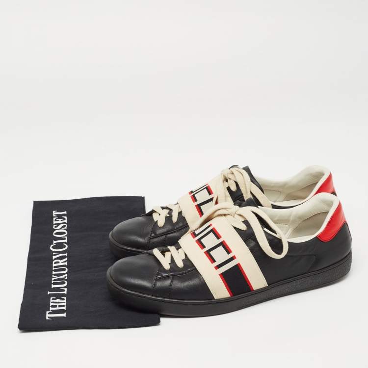 Pre Owned Gucci Black Leather And Stretch Band New Ace Logo Strap Low Top Sneakers Size 42.5