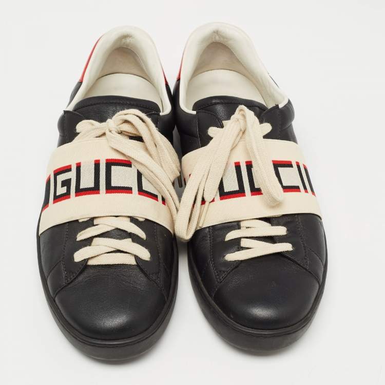 Pre Owned Gucci Black Leather And Stretch Band New Ace Logo Strap Low Top Sneakers Size 42.5