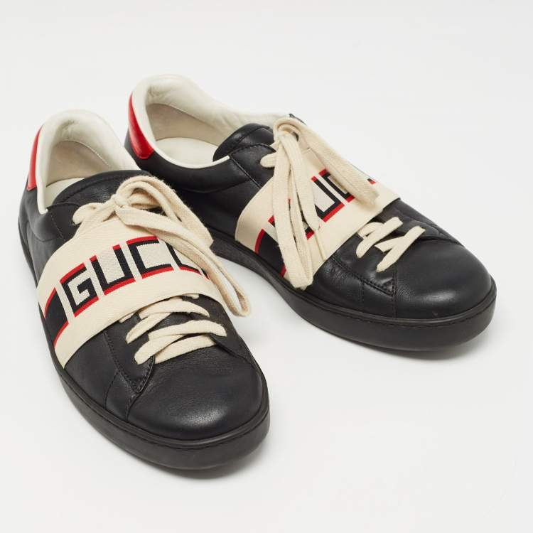 Pre Owned Gucci Black Leather And Stretch Band New Ace Logo Strap Low Top Sneakers Size 42.5