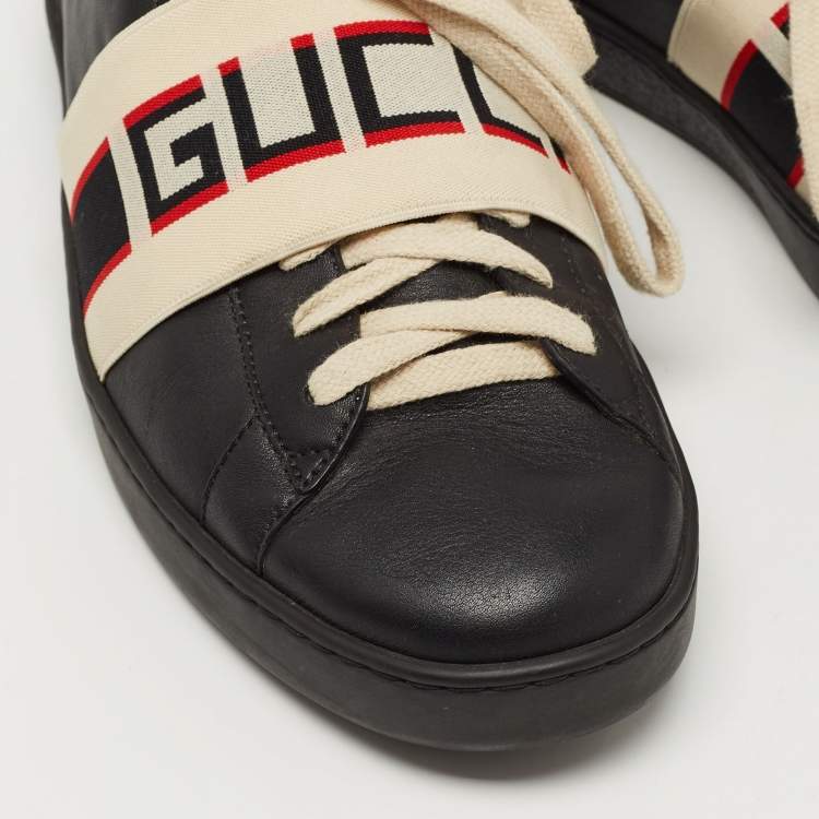 Pre Owned Gucci Black Leather And Stretch Band New Ace Logo Strap Low Top Sneakers Size 42.5