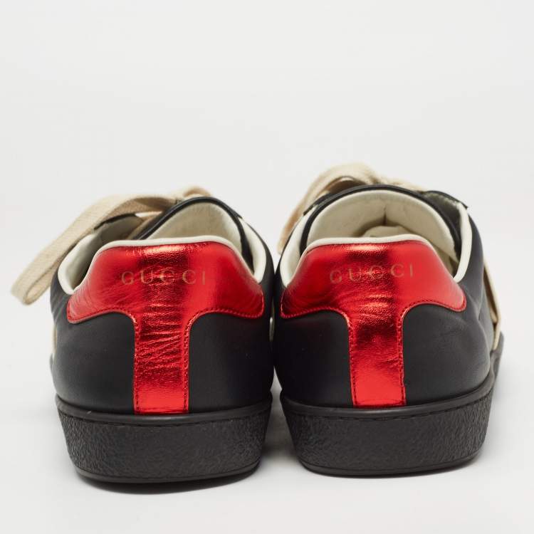 Pre Owned Gucci Black Leather And Stretch Band New Ace Logo Strap Low Top Sneakers Size 42.5