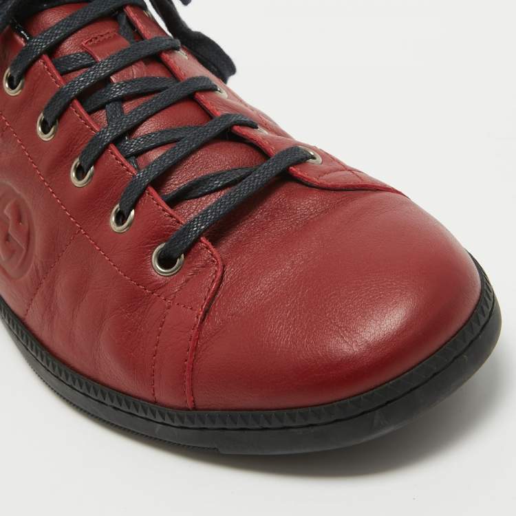 Pre Owned Gucci Red Leather Interlocking Low Top Sneakers Size 44