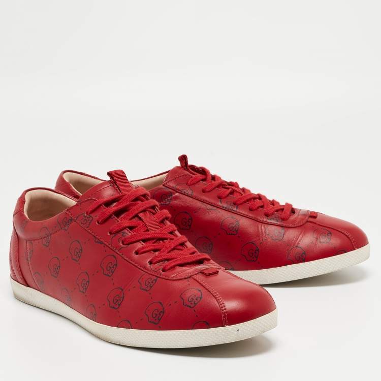Pre Owned Gucci Red Leather Gucci Ghost Print Low Top Sneakers Size 42.5