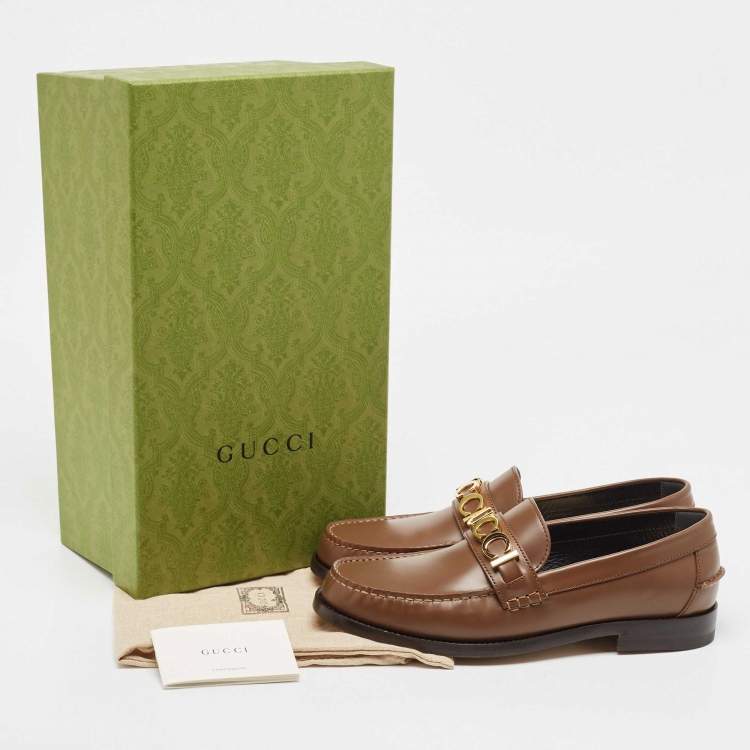 Pre Owned Gucci Brown Leather Logo Embellished Cara Loafers Size 42