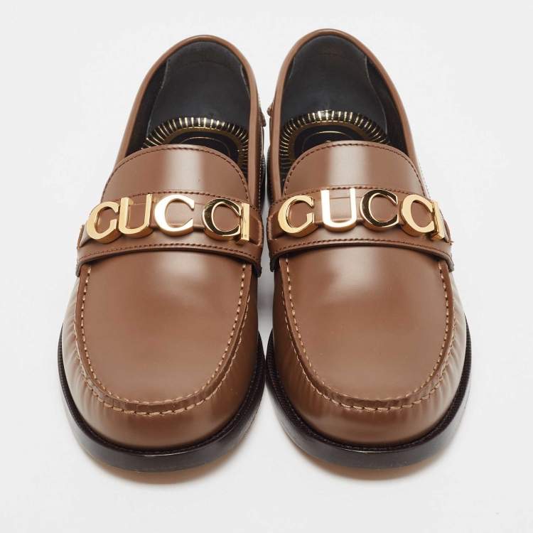 Pre Owned Gucci Brown Leather Logo Embellished Cara Loafers Size 42