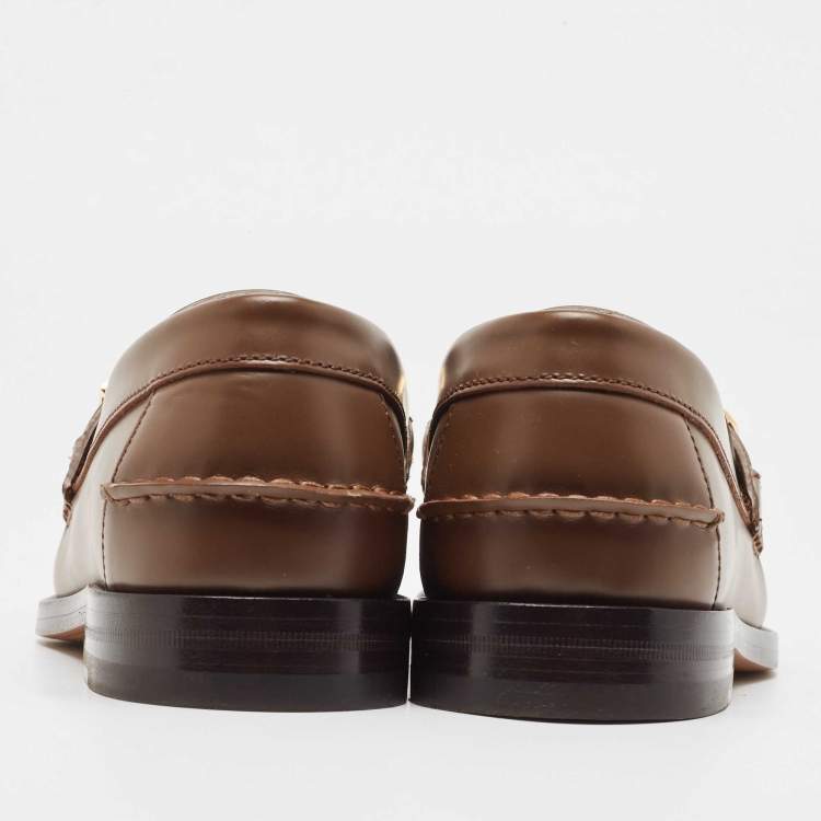Pre Owned Gucci Brown Leather Logo Embellished Cara Loafers Size 42