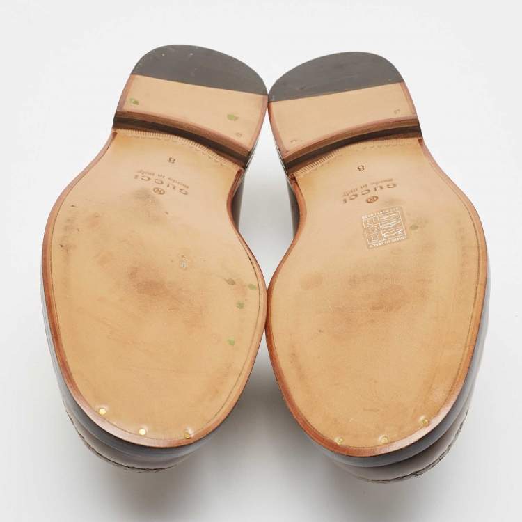 Pre Owned Gucci Brown Leather Logo Embellished Cara Loafers Size 42