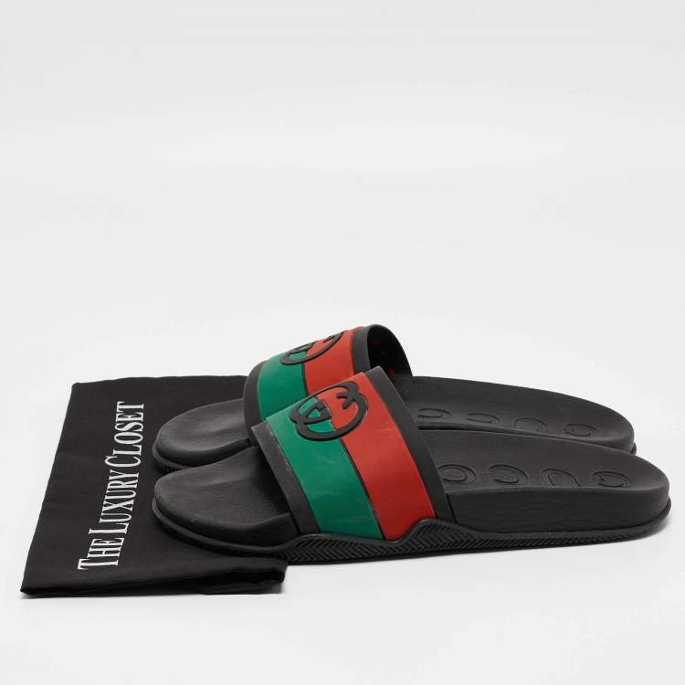 Pre Owned Gucci Tricolor Rubber Web Interlocking G Slides Size 44 