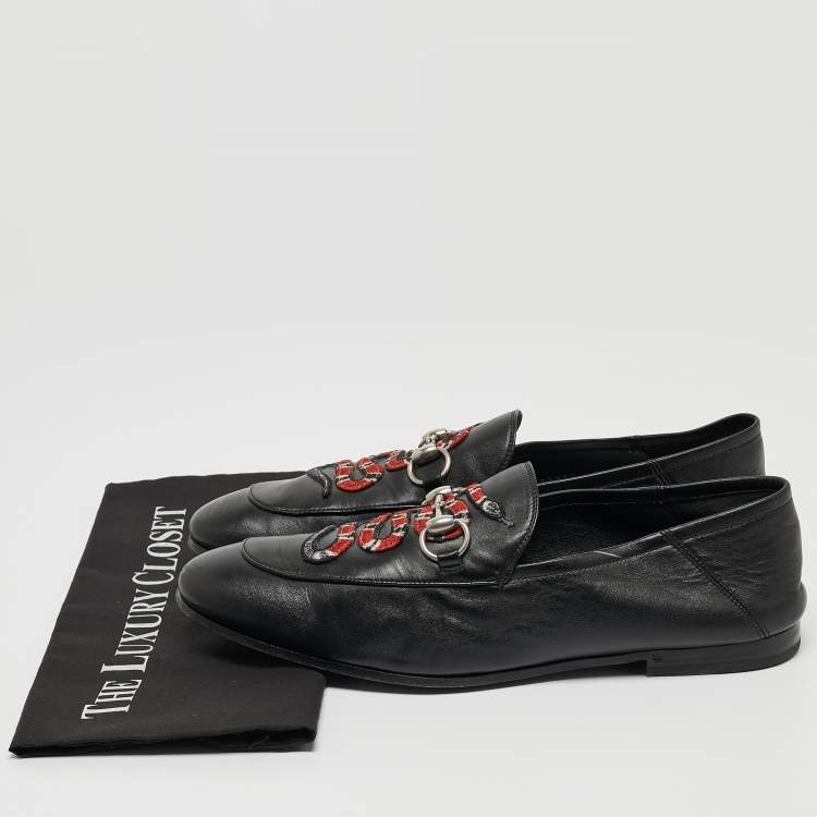 مملوكة مسبقًا Gucci Black Leather Embroidered Kingsnake Brixton Horsebit Loafers Size 43