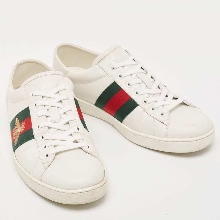 Pre Owned Gucci White Leather Ace Web Low Top Sneakers Size 42.5