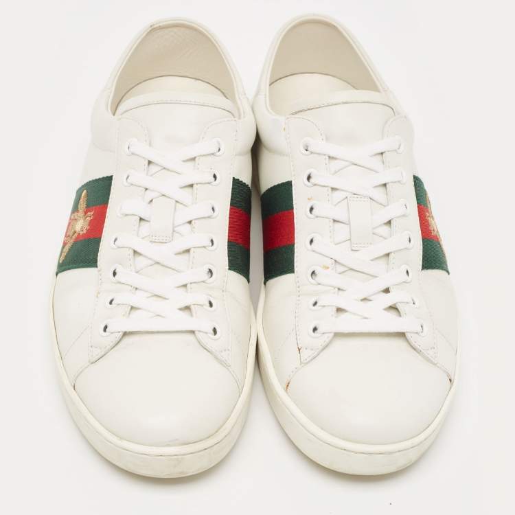 Pre Owned Gucci White Leather Ace Web Low Top Sneakers Size 42.5