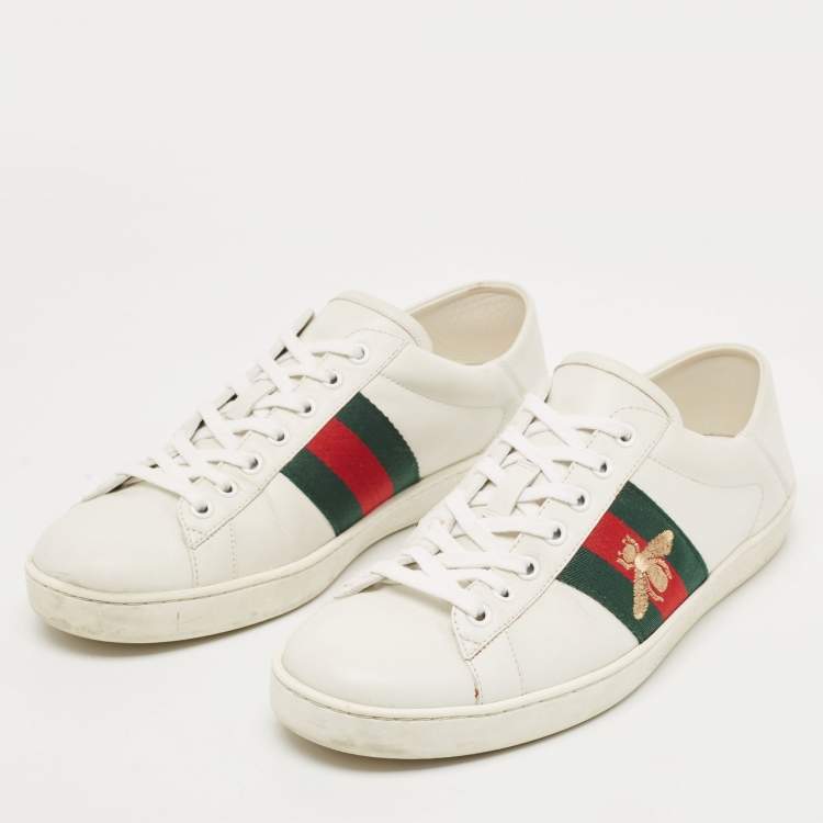 Pre Owned Gucci White Leather Ace Web Low Top Sneakers Size 42.5