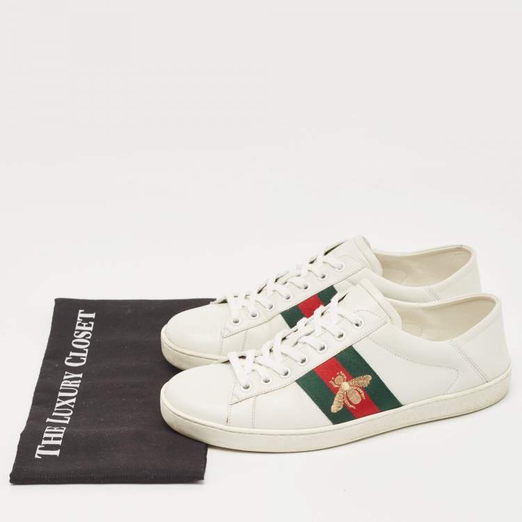 Pre Owned Gucci White Leather Ace Web Low Top Sneakers Size 42.5