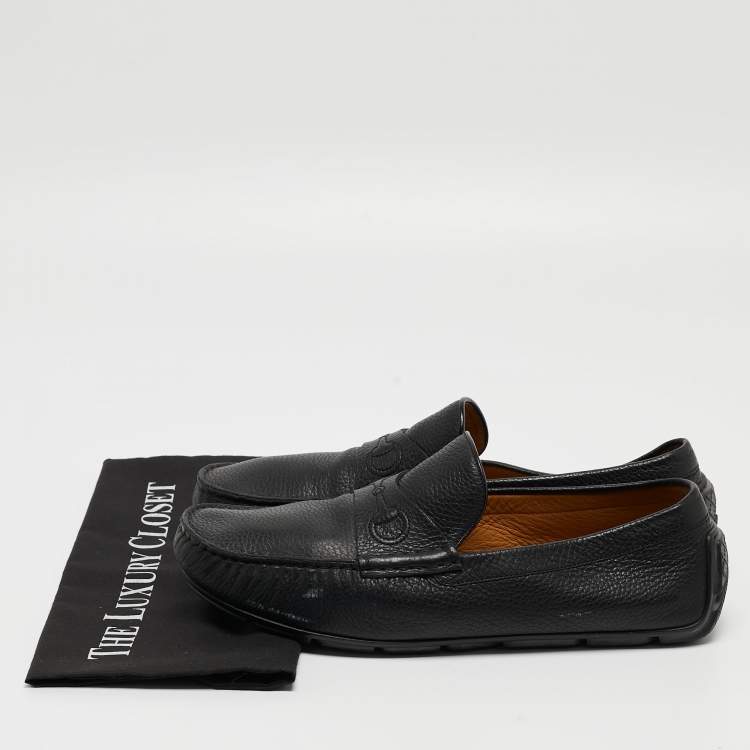 Pre Owned Gucci Black Leather Slip On Loafers  Size 43