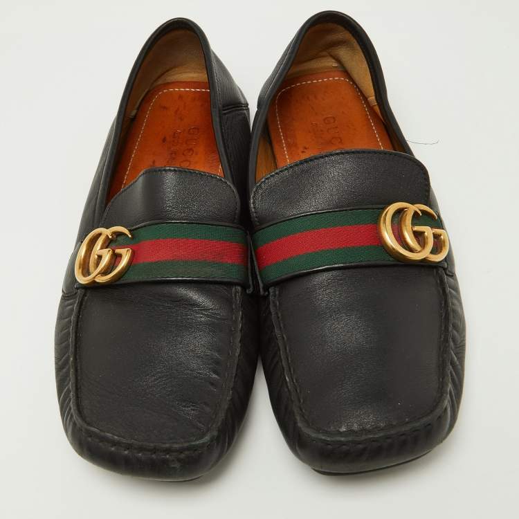 Pre Owned Gucci Black Leather GG Marmont Web Driver Slip On Loafers Size 43