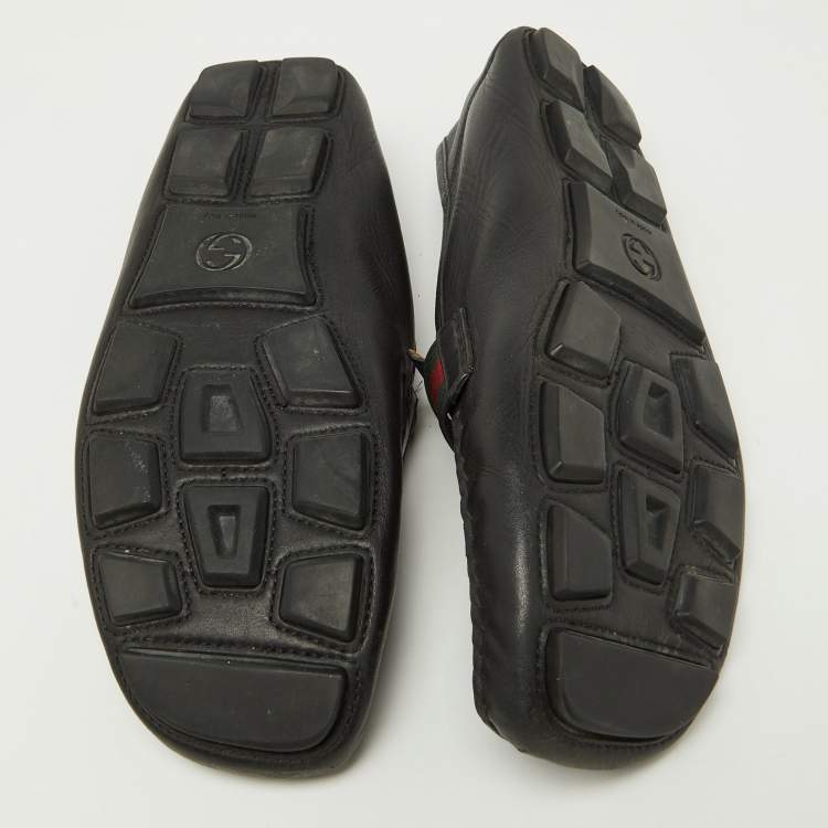 Pre Owned Gucci Black Leather GG Marmont Web Driver Slip On Loafers Size 43