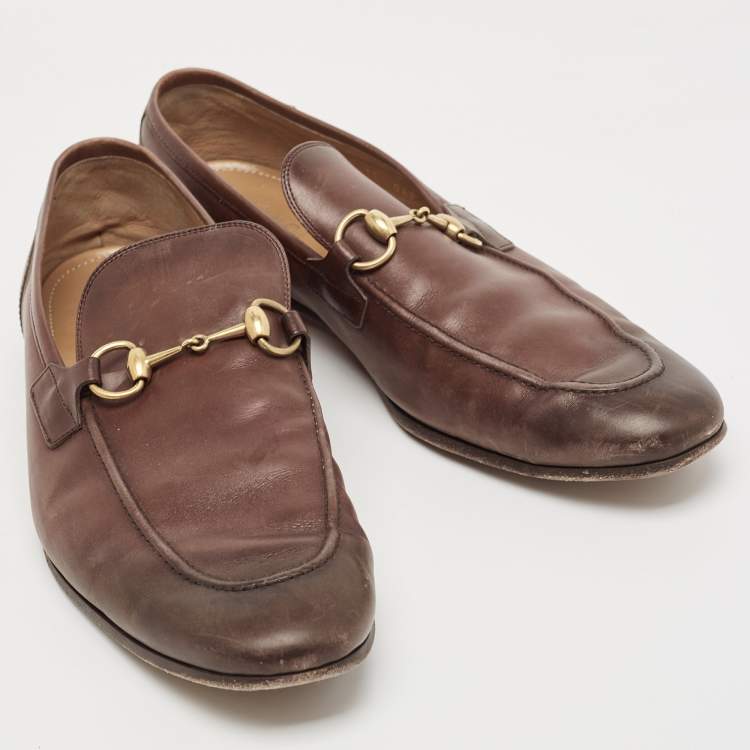 Pre Owned Gucci Brown Leather Jordaan Loafers Size 45
