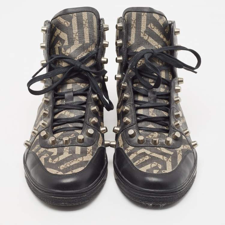 مملوكة مسبقًا Gucci Black/Beige Geometric Print GG Supreme Canvas and Leather High Top Sneaker Size 43