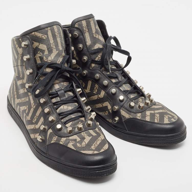 مملوكة مسبقًا Gucci Black/Beige Geometric Print GG Supreme Canvas and Leather High Top Sneaker Size 43