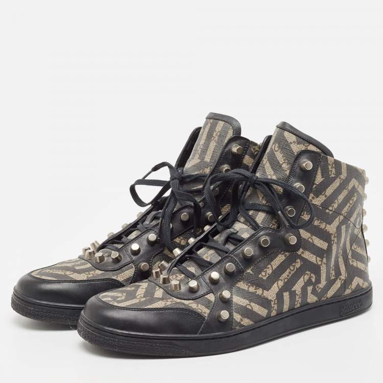 مملوكة مسبقًا Gucci Black/Beige Geometric Print GG Supreme Canvas and Leather High Top Sneaker Size 43