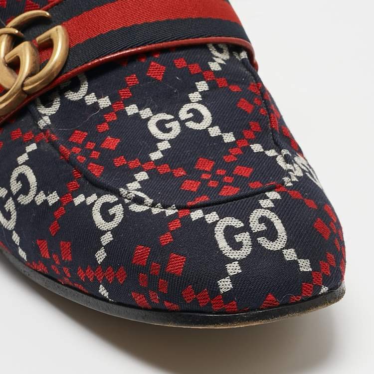 Pre Owned Gucci Navy Blue/Red Diamond GG Canvas and Fur Princetown Flat Mules Size 42