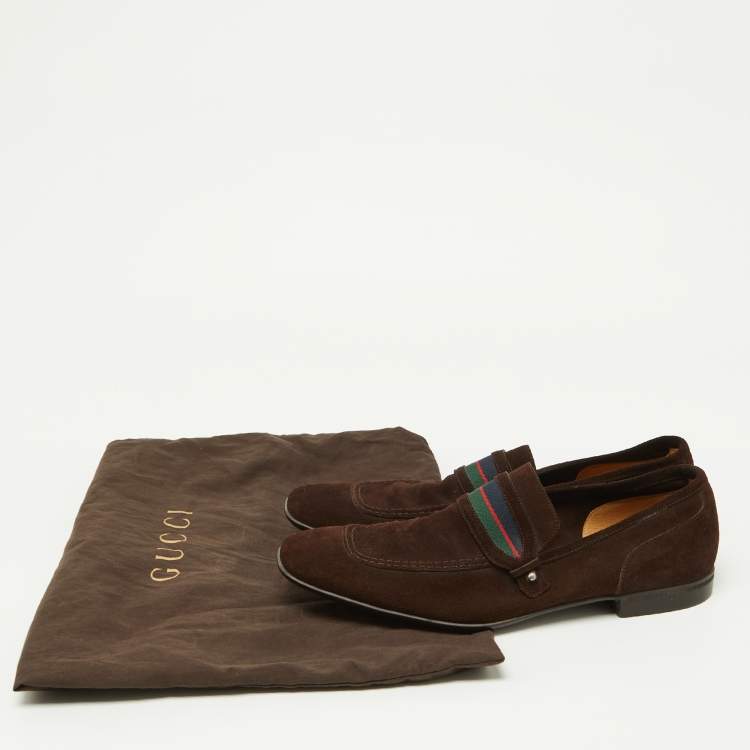 Pre Owned Gucci Brown Suede Web Slip On Loafers Size 41 