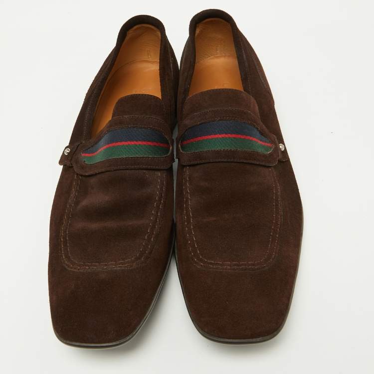 Pre Owned Gucci Brown Suede Web Slip On Loafers Size 41 