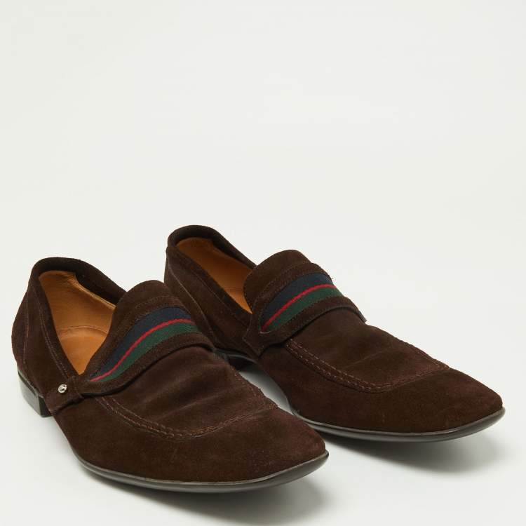 Pre Owned Gucci Brown Suede Web Slip On Loafers Size 41 