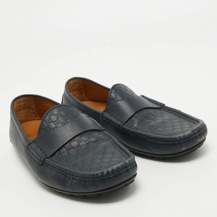 Pre Owned Gucci Navy Blue Guccissima Leather Slip On Loafers Size 40.5