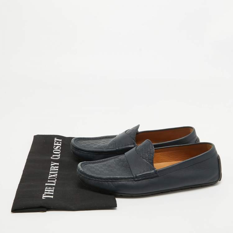 Pre Owned Gucci Navy Blue Guccissima Leather Slip On Loafers Size 40.5