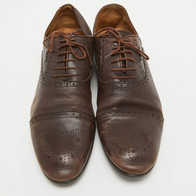 Pre Owned Gucci Brown Leather Lace Up Brogue Oxfords Size 44.5