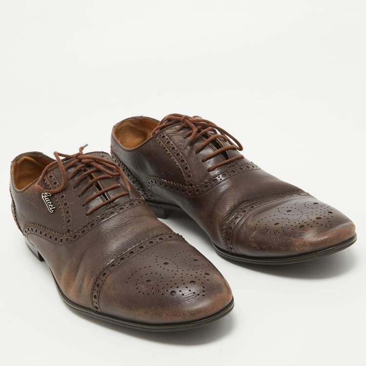 Pre Owned Gucci Brown Leather Lace Up Brogue Oxfords Size 44.5