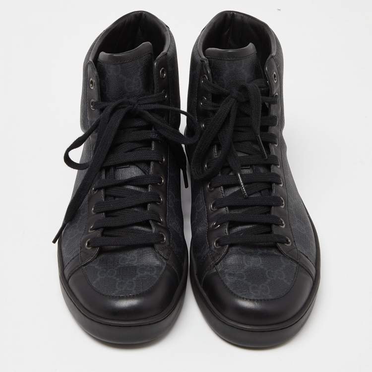 Pre Owned Gucci Black GG Supreme Canvas and Leather Brooklyn High Top Sneakers Size 43.5