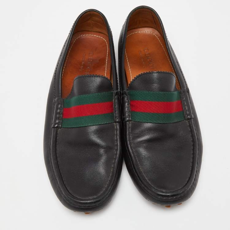 Pre Owned Gucci Black Leather Web Slip On Loafers Size 44