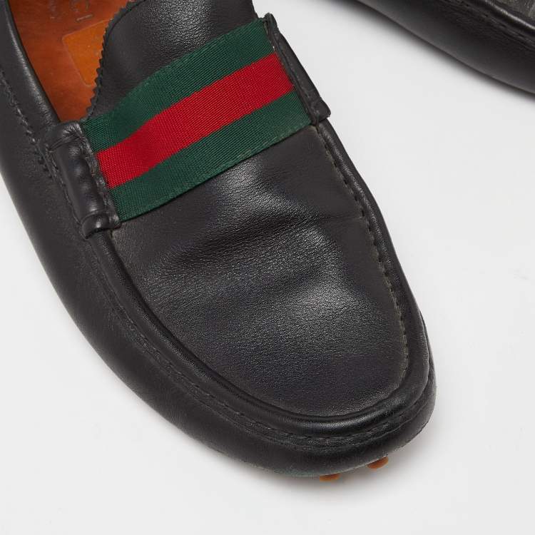 Pre Owned Gucci Black Leather Web Slip On Loafers Size 44